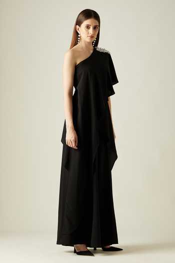 Aakaar Black Moss Crepe Pearls One Shoulder Layered Embellished Jumpsuit Online at Aza Fashions Aakaar_Black Moss Crepe Pearls One Shoulder Layered Embellished Jumpsuit _Online_at_Aza_Fashions