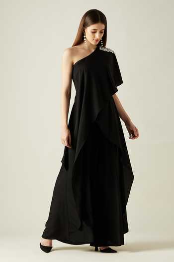 Buy Aakaar Black Moss Crepe Pearls One Shoulder Layered Embellished Jumpsuit Online at Aza Fashions Buy_Aakaar_Black Moss Crepe Pearls One Shoulder Layered Embellished Jumpsuit _Online_at_Aza_Fashions