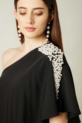 Shop Aakaar Black Moss Crepe Pearls One Shoulder Layered Embellished Jumpsuit Online at Aza Fashions Shop_Aakaar_Black Moss Crepe Pearls One Shoulder Layered Embellished Jumpsuit _Online_at_Aza_Fashions