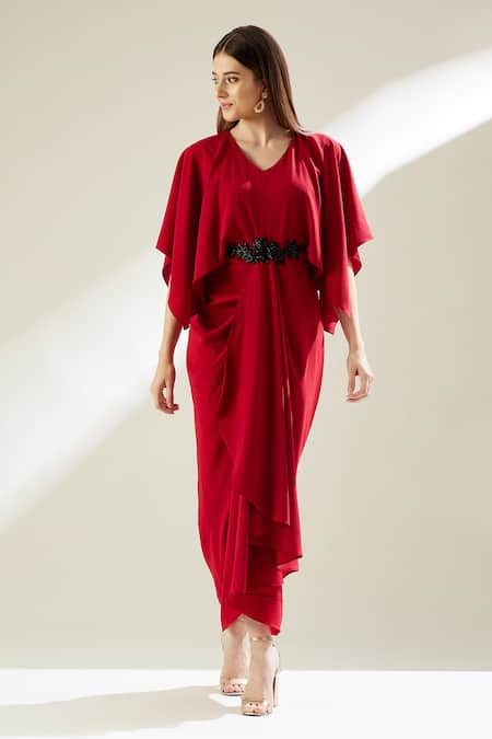 Aakaar Red Moss Crepe Beads V Neck Embroidered Draped Gown Online at Aza Fashions Aakaar_Red Moss Crepe Beads V Neck Embroidered Draped Gown _Online_at_Aza_Fashions