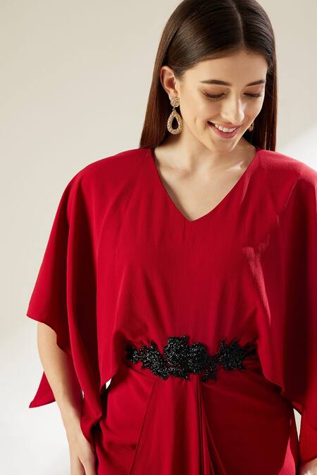 Shop Aakaar Red Moss Crepe Beads V Neck Embroidered Draped Gown Online at Aza Fashions Shop_Aakaar_Red Moss Crepe Beads V Neck Embroidered Draped Gown _Online_at_Aza_Fashions