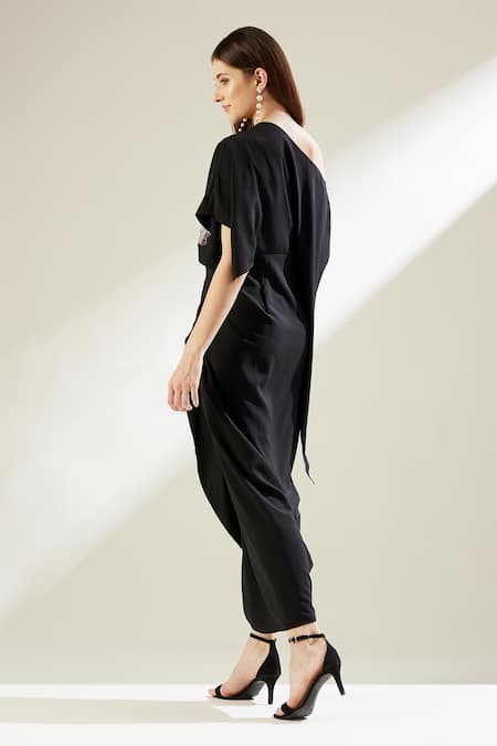 Shop_Aakaar_Black Moss Crepe Sequins One Shoulder Star Cluster Draped Gown _at_Aza_Fashions