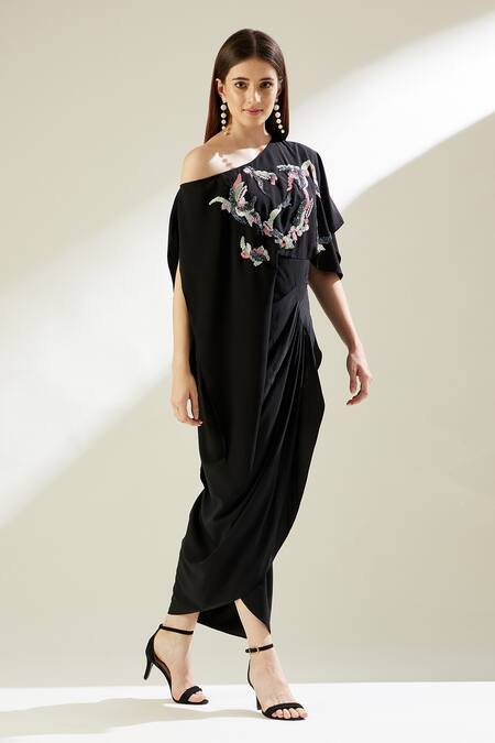Aakaar_Black Moss Crepe Sequins One Shoulder Star Cluster Draped Gown _Online_at_Aza_Fashions