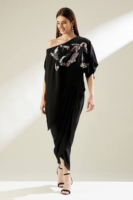 Buy_Aakaar_Black Moss Crepe Sequins One Shoulder Star Cluster Draped Gown _Online_at_Aza_Fashions