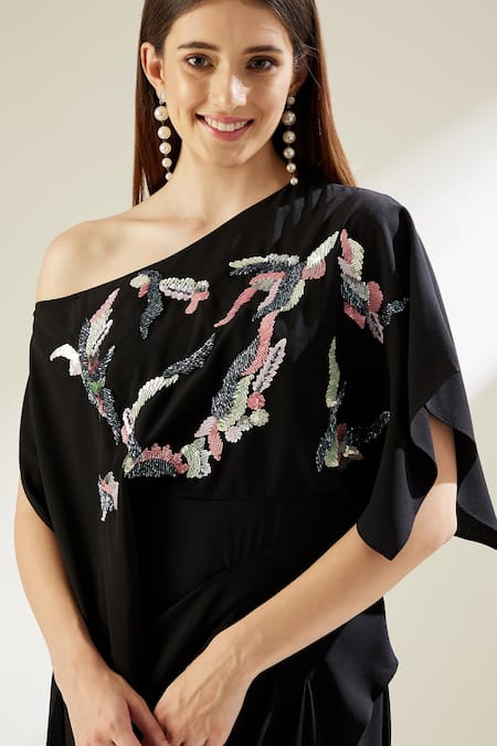Shop_Aakaar_Black Moss Crepe Sequins One Shoulder Star Cluster Draped Gown _Online_at_Aza_Fashions