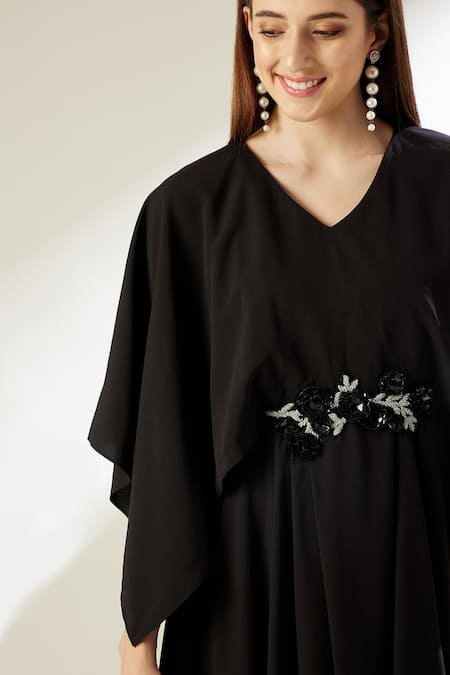Shop_Aakaar_Black Moss Crepe Sequins V Neck Sara Draped Dress_Online_at_Aza_Fashions
