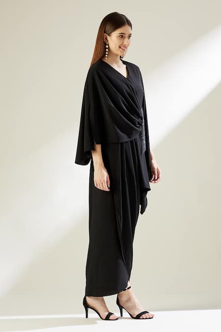 Aakaar_Black Moss Crepe Sequins V Neck Crystal Fringe Draped Gown _Online_at_Aza_Fashions