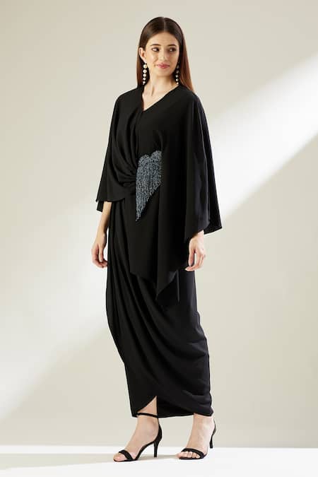Buy_Aakaar_Black Moss Crepe Sequins V Neck Crystal Fringe Draped Gown _Online_at_Aza_Fashions