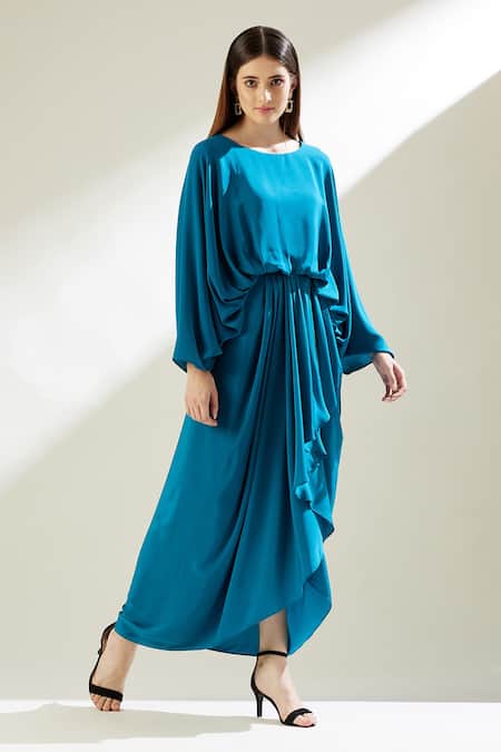Aakaar Blue Silk Crepe Round Lounge Draped Gown Online at Aza Fashions Aakaar_Blue Silk Crepe Round Lounge Draped Gown _Online_at_Aza_Fashions