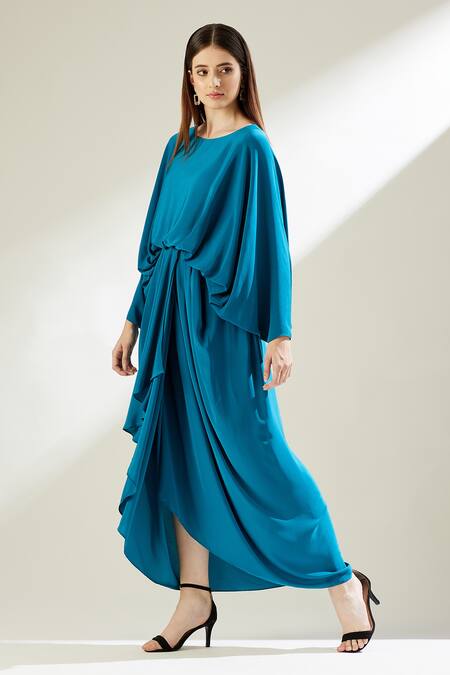Buy Aakaar Blue Silk Crepe Round Lounge Draped Gown Online at Aza Fashions Buy_Aakaar_Blue Silk Crepe Round Lounge Draped Gown _Online_at_Aza_Fashions