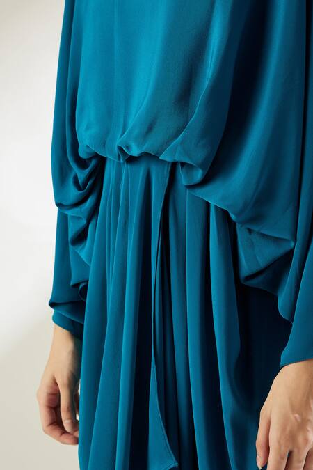 Shop Aakaar Blue Silk Crepe Round Lounge Draped Gown Online at Aza Fashions Shop_Aakaar_Blue Silk Crepe Round Lounge Draped Gown _Online_at_Aza_Fashions