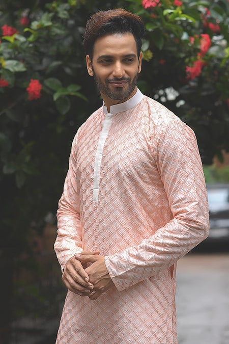 Shop_Priyanka Haralalka_Peach Cotton , Katan Geometric Embroidered Kurta Set_Online_at_Aza_Fashions