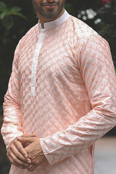 Priyanka Haralalka_Peach Cotton , Katan Geometric Embroidered Kurta Set_at_Aza_Fashions