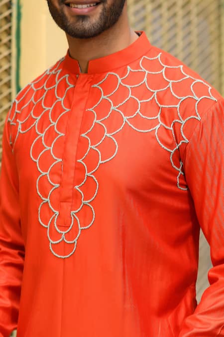 Shop_Priyanka Haralalka_Orange Bhagalpur , Katan Stripes Print And Knot Embroidery Kurta Set _Online_at_Aza_Fashions