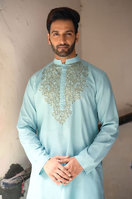 Priyanka Haralalka_Blue Cotton Blend, Ruby Silk Sequins Work Embroidered Kurta Set_Online_at_Aza_Fashions