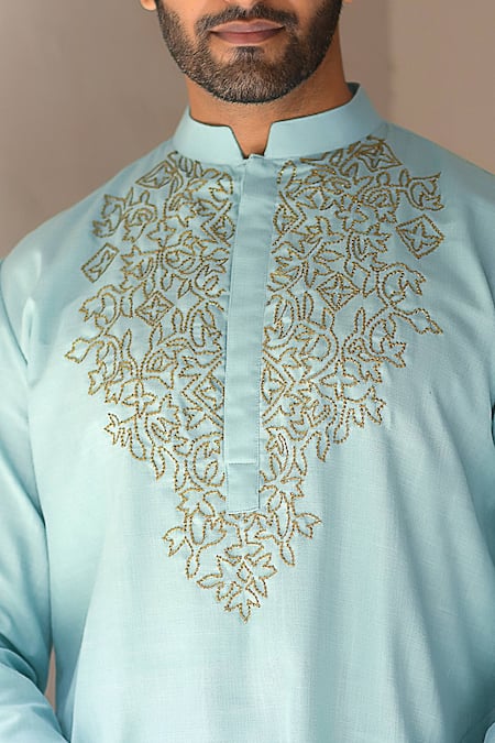 Buy_Priyanka Haralalka_Blue Cotton Blend, Ruby Silk Sequins Work Embroidered Kurta Set_Online_at_Aza_Fashions