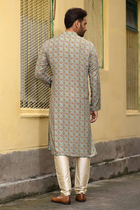Shop_Priyanka Haralalka_Blue Silk Bourette, Viscose Blend Floral, Scallops Print Kurta Set _at_Aza_Fashions