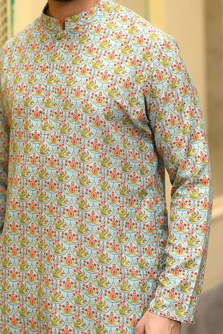 Shop_Priyanka Haralalka_Blue Silk Bourette, Viscose Blend Floral, Scallops Print Kurta Set _Online_at_Aza_Fashions