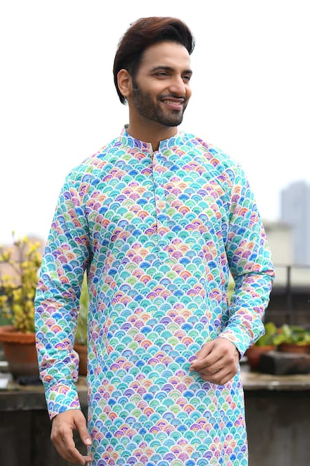 Buy_Priyanka Haralalka_Multi Color Silk Bourette, Viscose Blend Fish Scale Print Kurta Set_Online_at_Aza_Fashions