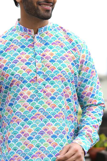 Shop_Priyanka Haralalka_Multi Color Silk Bourette, Viscose Blend Fish Scale Print Kurta Set_Online_at_Aza_Fashions