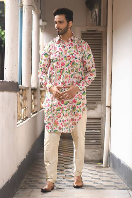 Shop Priyanka Haralalka Multi Color Silk Bourette, Viscose Blend Floral Print Kurta Set at Aza Fashions Shop_Priyanka Haralalka_Multi Color Silk Bourette, Viscose Blend Floral Print Kurta Set _at_Aza_Fashions