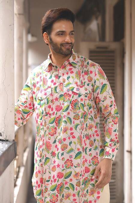Priyanka Haralalka Multi Color Silk Bourette, Viscose Blend Floral Print Kurta Set Online at Aza Fashions Priyanka Haralalka_Multi Color Silk Bourette, Viscose Blend Floral Print Kurta Set _Online_at_Aza_Fashions