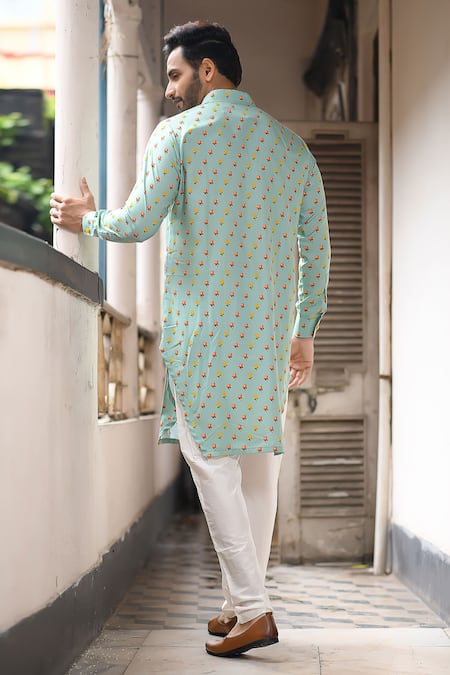 Shop Priyanka Haralalka Blue Silk Bourette, Viscose Blend Floral Print Kurta Set at Aza Fashions Shop_Priyanka Haralalka_Blue Silk Bourette, Viscose Blend Floral Print Kurta Set _at_Aza_Fashions