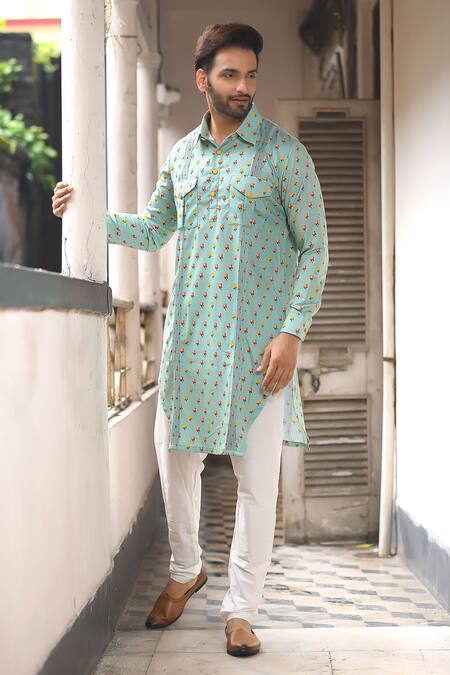 Priyanka Haralalka Blue Silk Bourette, Viscose Blend Floral Print Kurta Set Online at Aza Fashions Priyanka Haralalka_Blue Silk Bourette, Viscose Blend Floral Print Kurta Set _Online_at_Aza_Fashions