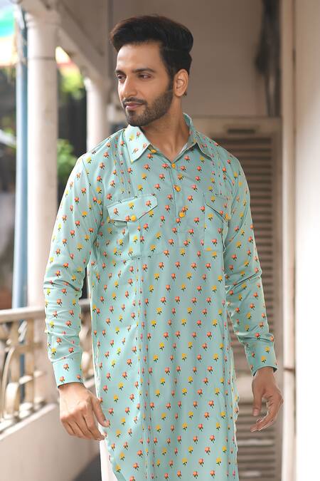 Buy Priyanka Haralalka Blue Silk Bourette, Viscose Blend Floral Print Kurta Set Online at Aza Fashions Buy_Priyanka Haralalka_Blue Silk Bourette, Viscose Blend Floral Print Kurta Set _Online_at_Aza_Fashions