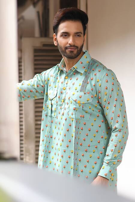 Shop Priyanka Haralalka Blue Silk Bourette, Viscose Blend Floral Print Kurta Set Online at Aza Fashions Shop_Priyanka Haralalka_Blue Silk Bourette, Viscose Blend Floral Print Kurta Set _Online_at_Aza_Fashions