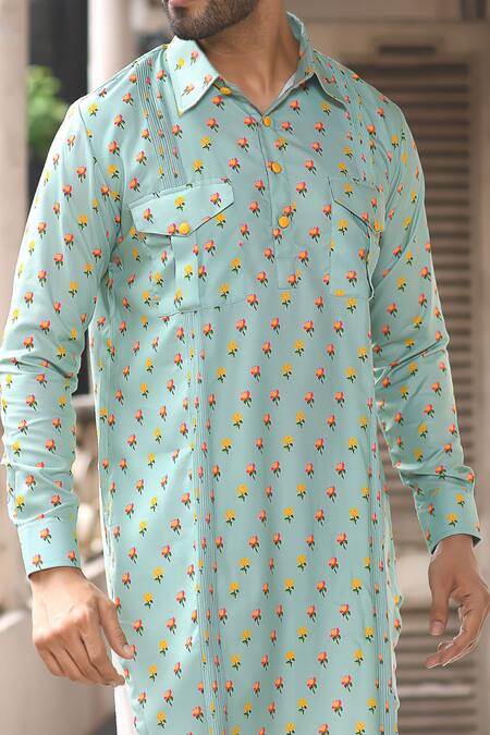 Priyanka Haralalka Blue Silk Bourette, Viscose Blend Floral Print Kurta Set at Aza Fashions Priyanka Haralalka_Blue Silk Bourette, Viscose Blend Floral Print Kurta Set _at_Aza_Fashions