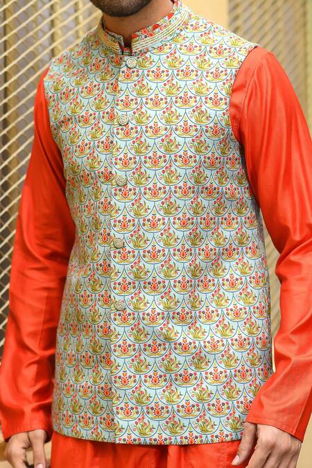 Shop_Priyanka Haralalka_Orange Baghalpur Silk And Embroidery Floral Bundi & Kurta Set _Online_at_Aza_Fashions
