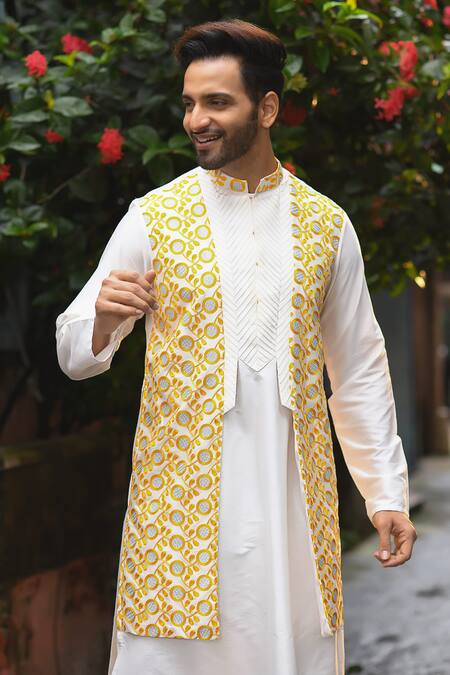 Buy_Priyanka Haralalka_Beige Banarasi , Katan Sequins Work Embroidered Overlay Kurta Set_Online_at_Aza_Fashions