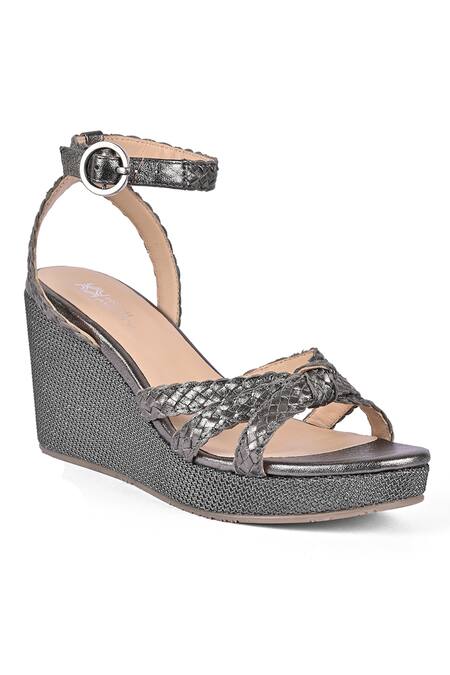 Buy Vanilla Moon Grey Cut Work Ness Metallic Braided Wedges at Aza Fashions Buy_Vanilla Moon_Grey Cut Work Ness Metallic Braided Wedges_at_Aza_Fashions
