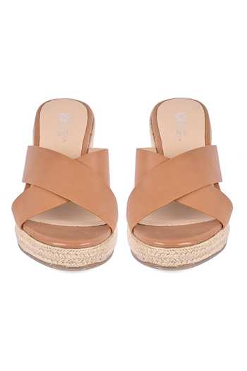 Shop Vanilla Moon Brown Cut Work Nika Leather Criss-cross Strap Wedges at Aza Fashions Shop_Vanilla Moon_Brown Cut Work Nika Leather Criss-cross Strap Wedges_at_Aza_Fashions