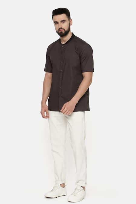 Mayank Modi - Men Grey 100% Cotton Plain Half Sleeve Shirt 