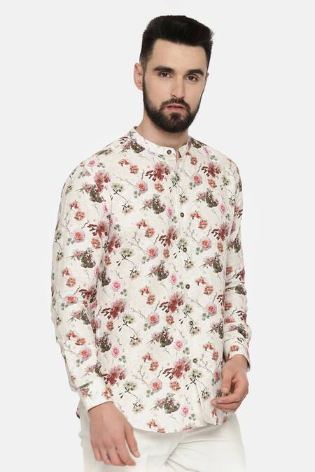 Mayank Modi - Men_Beige 100% Linen Floral Print Shirt_Online_at_Aza_Fashions
