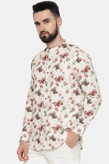 Buy_Mayank Modi - Men_Beige 100% Linen Floral Print Shirt_Online_at_Aza_Fashions