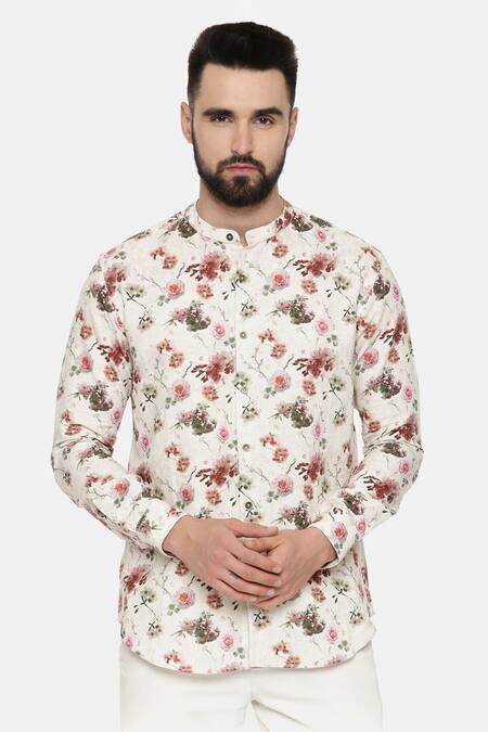 Shop_Mayank Modi - Men_Beige 100% Linen Floral Print Shirt_Online_at_Aza_Fashions