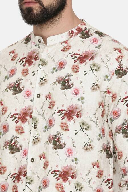Mayank Modi - Men_Beige 100% Linen Floral Print Shirt_at_Aza_Fashions