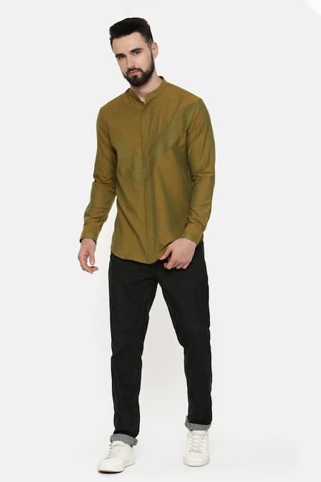 Mayank Modi - Men Green Malai Cotton Plain Mandarin Collar Pintuck Shirt 