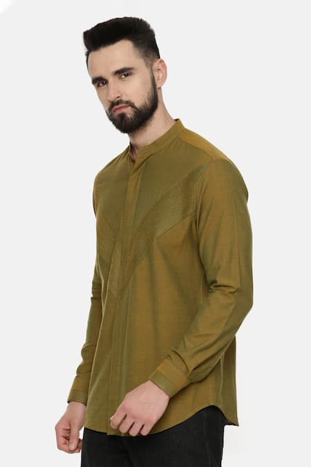 Buy_Mayank Modi - Men_Green Malai Cotton Plain Mandarin Collar Pintuck Shirt _Online_at_Aza_Fashions