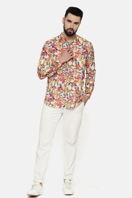 Mayank Modi - Men Beige Linen Printed Floral Shirt 