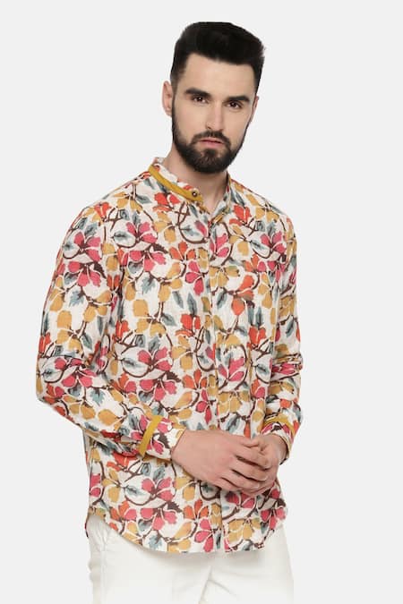 Mayank Modi - Men_Beige Cotton, Linen Floral Print Shirt_Online_at_Aza_Fashions