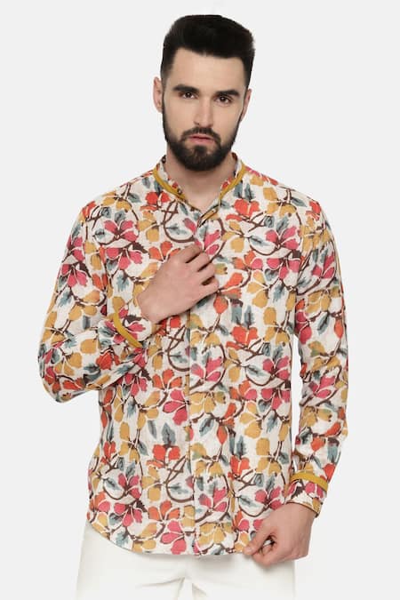 Shop_Mayank Modi - Men_Beige Cotton, Linen Floral Print Shirt_Online_at_Aza_Fashions