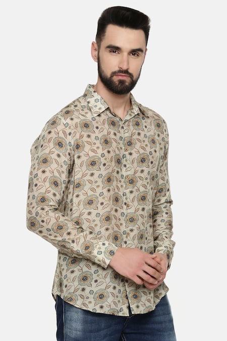 Mayank Modi - Men_Beige Fine Muslin Geometric Print Shirt_Online_at_Aza_Fashions