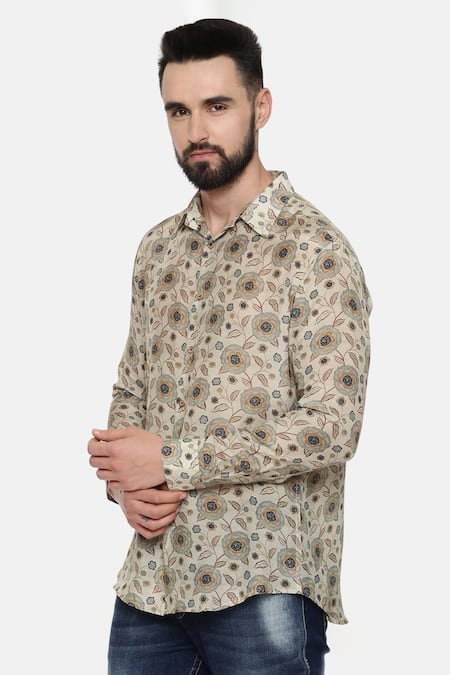 Buy_Mayank Modi - Men_Beige Fine Muslin Geometric Print Shirt_Online_at_Aza_Fashions