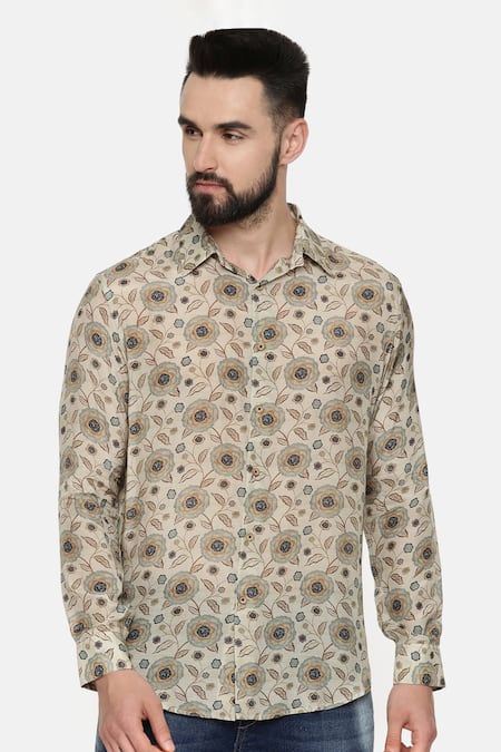 Shop_Mayank Modi - Men_Beige Fine Muslin Geometric Print Shirt_Online_at_Aza_Fashions