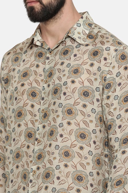 Mayank Modi - Men_Beige Fine Muslin Geometric Print Shirt_at_Aza_Fashions
