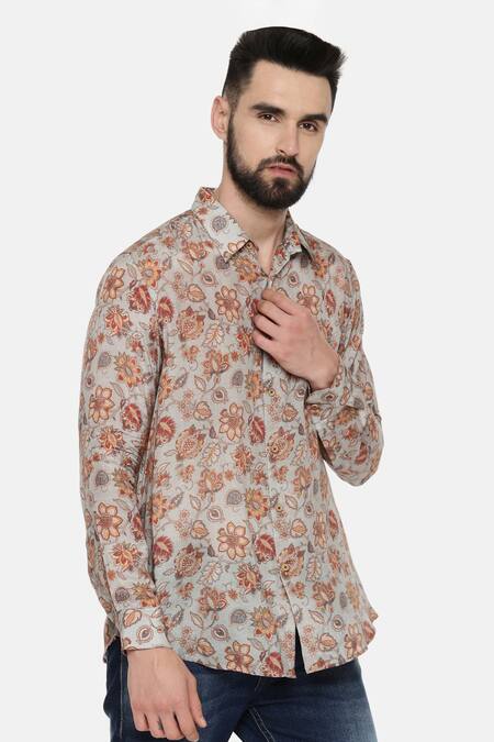 Mayank Modi - Men_Grey Fine Muslin Floral, Paisley Print Shirt_Online_at_Aza_Fashions